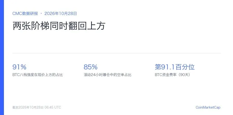 资金费率落在90天第91百分位,而被强平的85%是空头:两张阶梯同时翻回上方